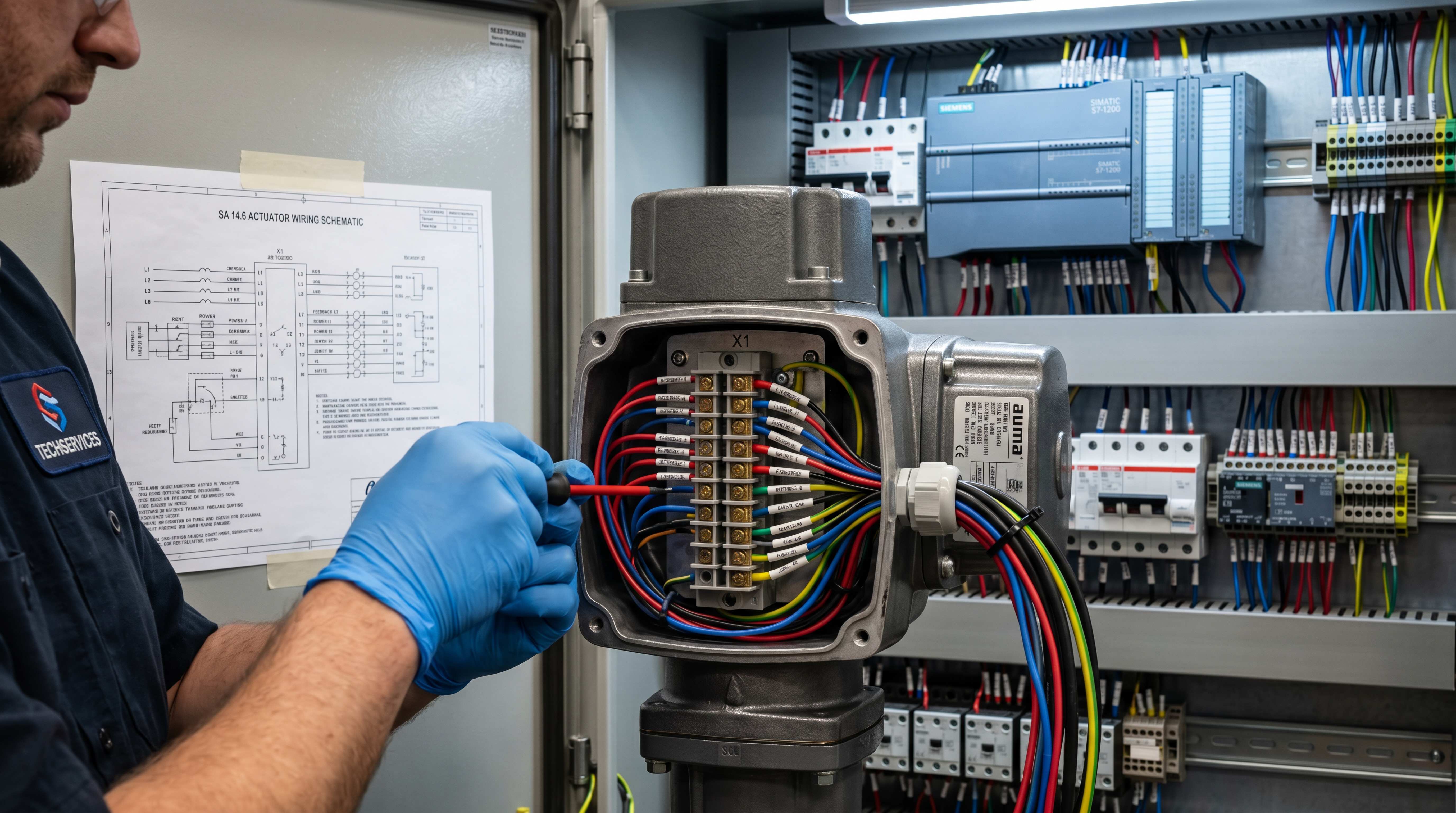 Electric valve actuator wiring terminal connected to a PLC cabinet with a wiring schematic